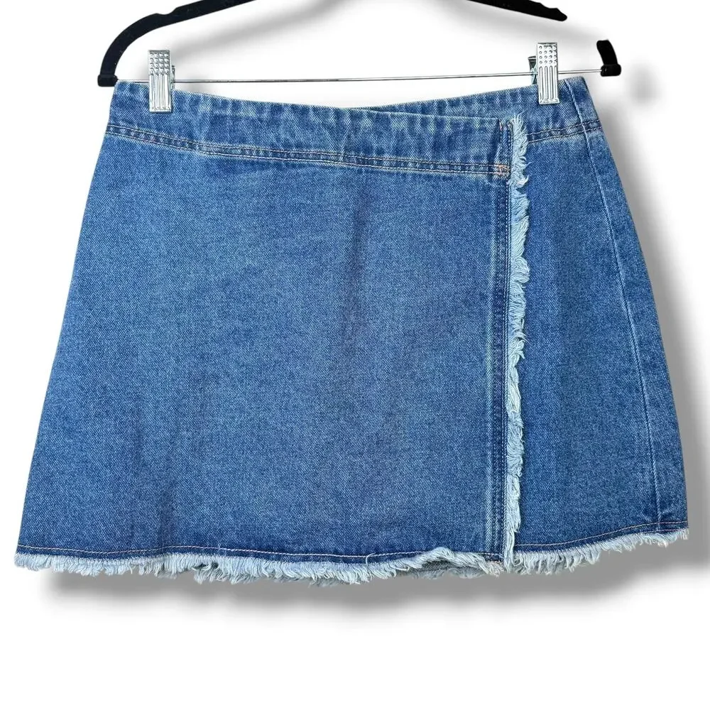 NEW Natural Life Denim Wrap Style Crossover Frayed Hem Cotton Mini Skirt Medium